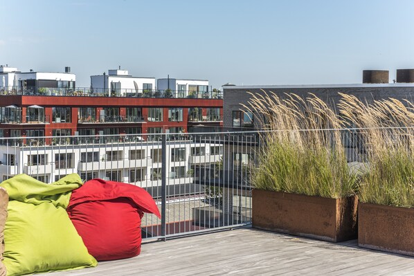 A rooftop terrace with a view of modern buildings, a metal railing, and a planter with tall grasses.