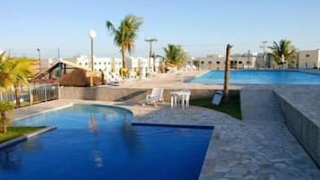 Outdoor pool, pool umbrellas, pool loungers