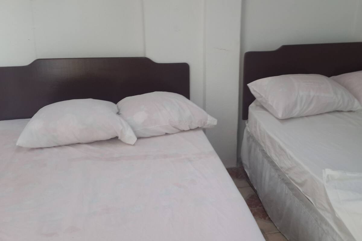 Two single beds with white bedding and dark wooden headboards in a room with plain white walls.
