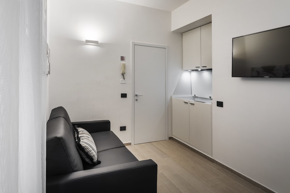 A modern living room with a black leather sofa, a flat-screen TV mounted on the wall, and a kitchenette area with cabinets and a countertop.