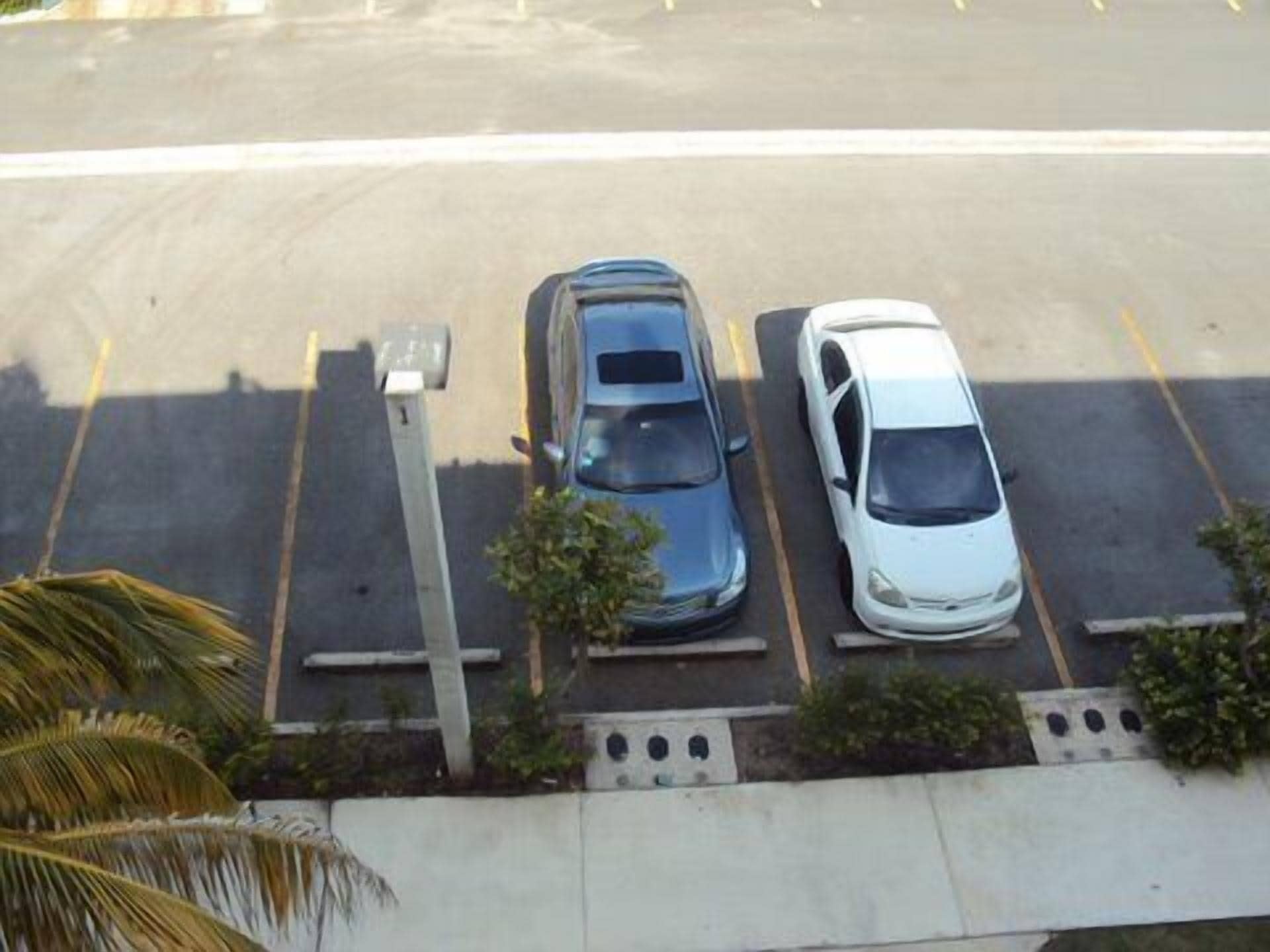 Un estacionamiento con tres coches aparcados en plazas asignadas.
