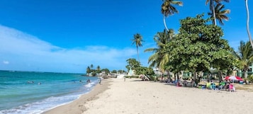 Una playa con palmeras, agua azul cristalina y gente nadando y descansando sobre la arena.