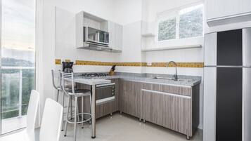 A modern kitchen with a gas stove, stainless steel appliances, and a view of the outdoors.