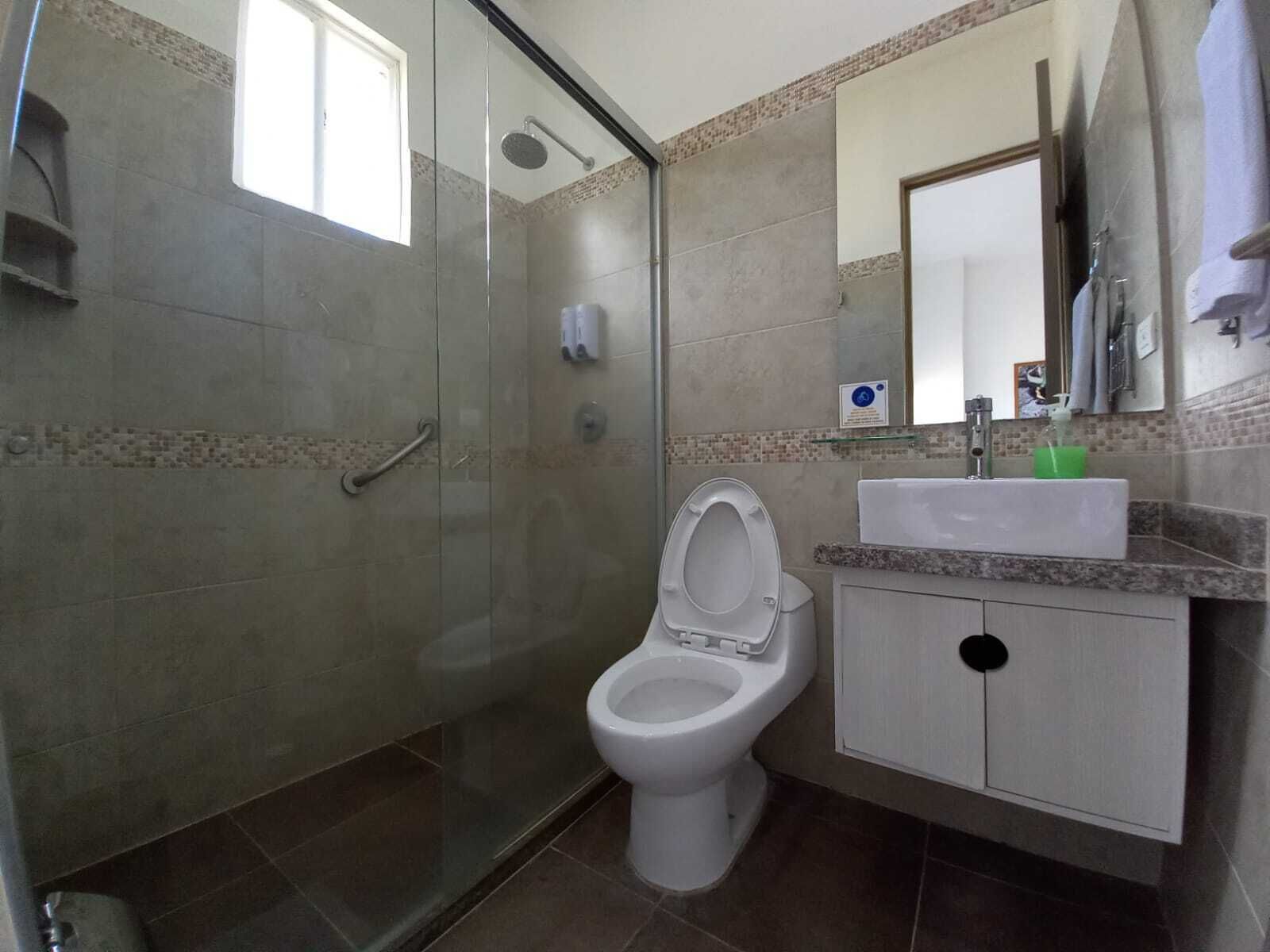 A bathroom with a glass shower enclosure, a toilet, and a sink with a mirror above it.