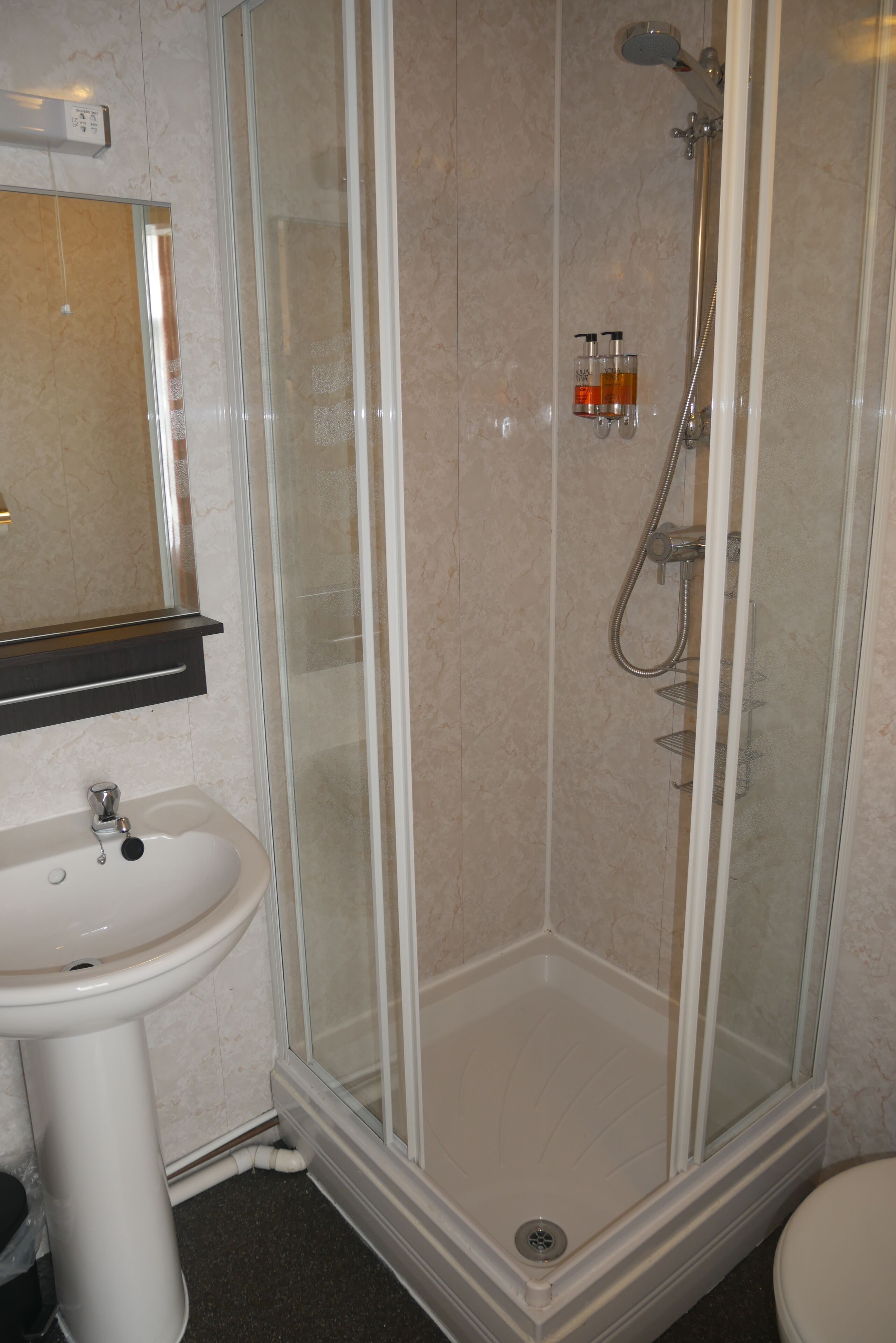A bathroom with a glass-enclosed shower, a sink, and a toilet.