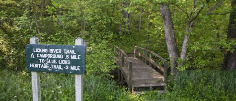 A wooden bridge leading to a sign for the Licking River Trail, indicating distances to Campground and Blue Licks Heritage Trail.