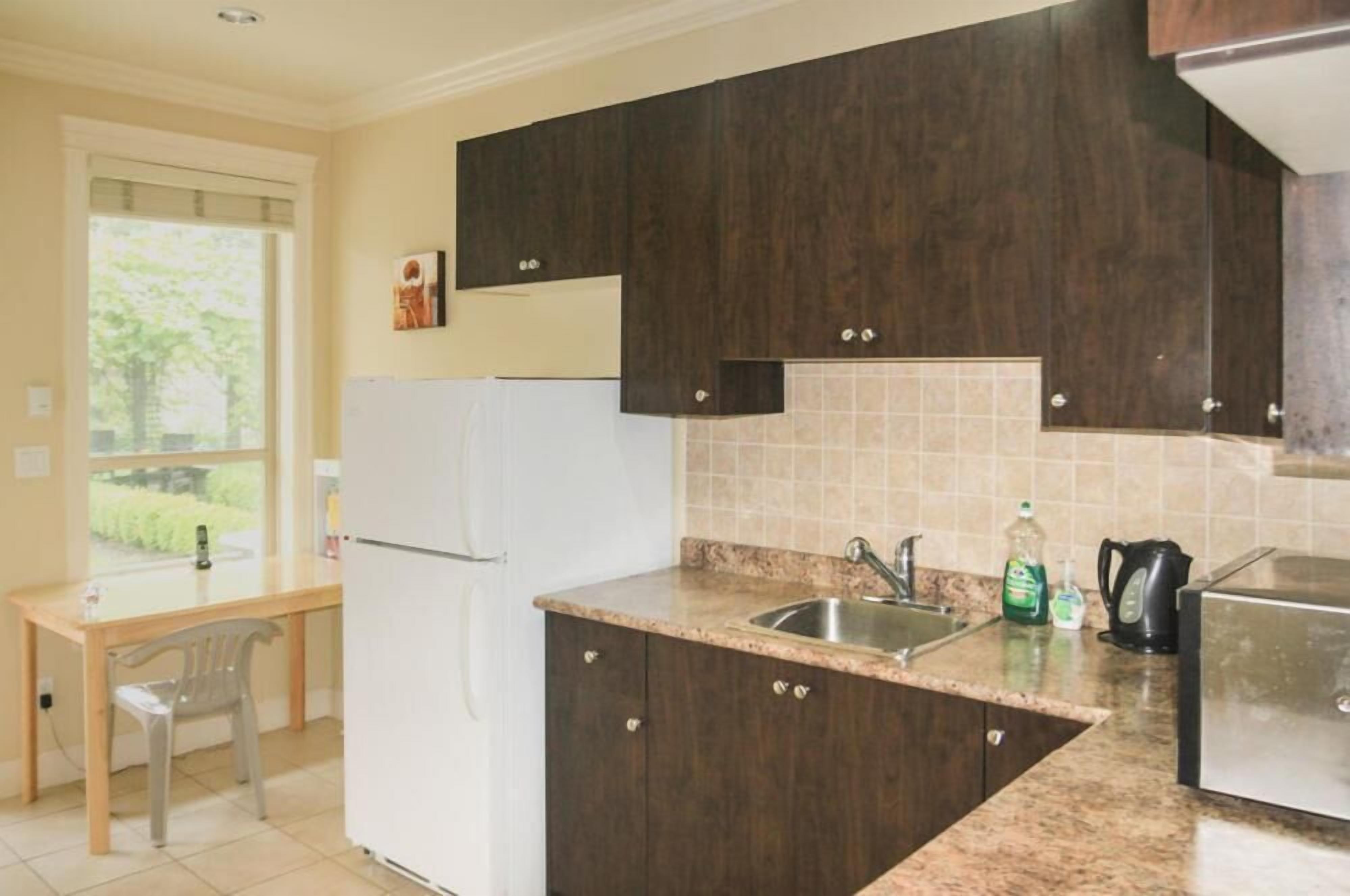 Une cuisine avec des meubles en bois foncé, un réfrigérateur blanc, un plan de travail en granit et une fenêtre donnant sur un paysage verdoyant.