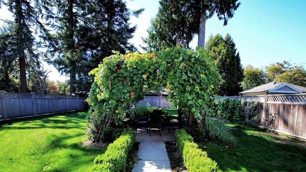 Un jardín con un sendero que lleva a una estructura de madera, rodeado por una cerca de madera y árboles.
