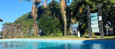 A swimming pool with clear blue water, surrounded by tall palm trees and lush greenery.