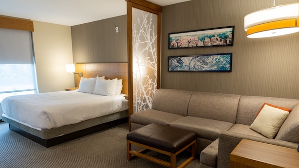Una habitación de hotel con cama, sofá, reposapiés, mesita de noche, lámpara y dos cuadros en la pared.