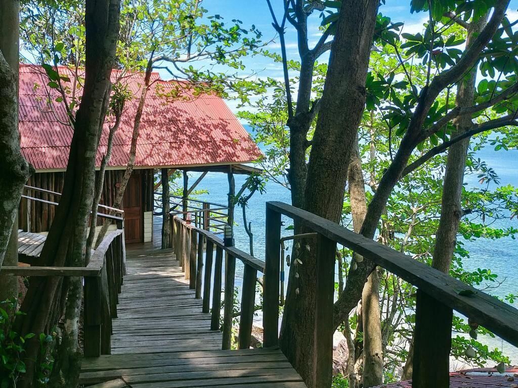 A wooden deck leading to a building with a red roof, surrounded by trees and overlooking a body of water.