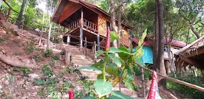 Una casa de madera con un porche, rodeada de árboles y follaje.