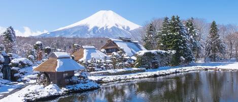 Un pueblo japonés tradicional con un estanque cubierto de nieve, edificios con techo de paja y una imponente montaña nevada al fondo.