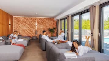 Sauna, steam room, body treatments, hot stone massages, facials