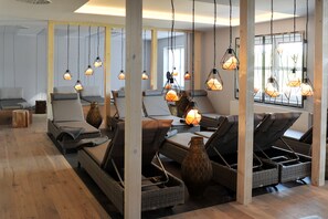 Sauna, steam room, body treatments, hot stone massages, facials