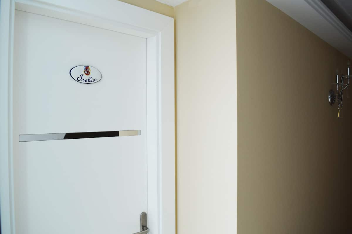 Una puerta blanca con una placa que dice "Isechka" y una barra horizontal.