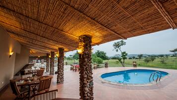 Outdoor pool, pool umbrellas, pool loungers