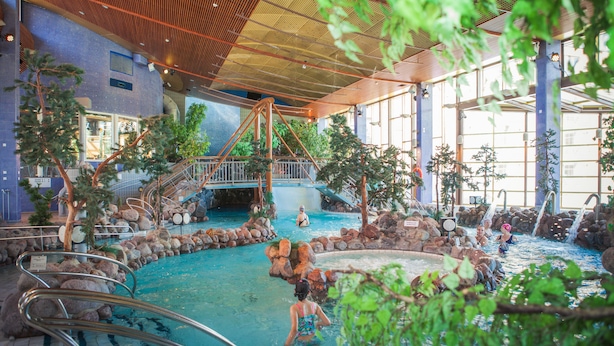 An indoor swimming pool with a wooden ceiling, surrounded by rocks and plants. - Imatran Kylpylä Spa Apartments (Imatra)