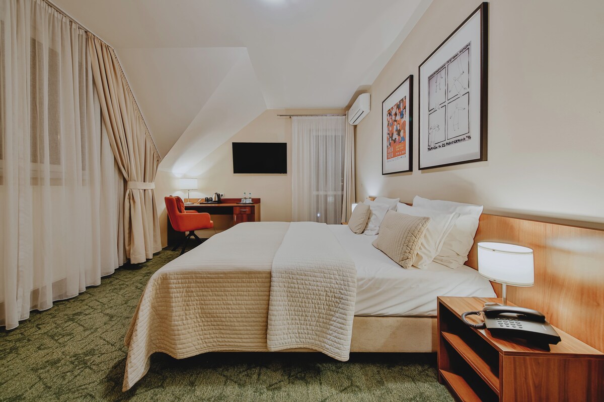 A hotel room with a bed, a desk, a chair, a TV, and artwork on the walls.