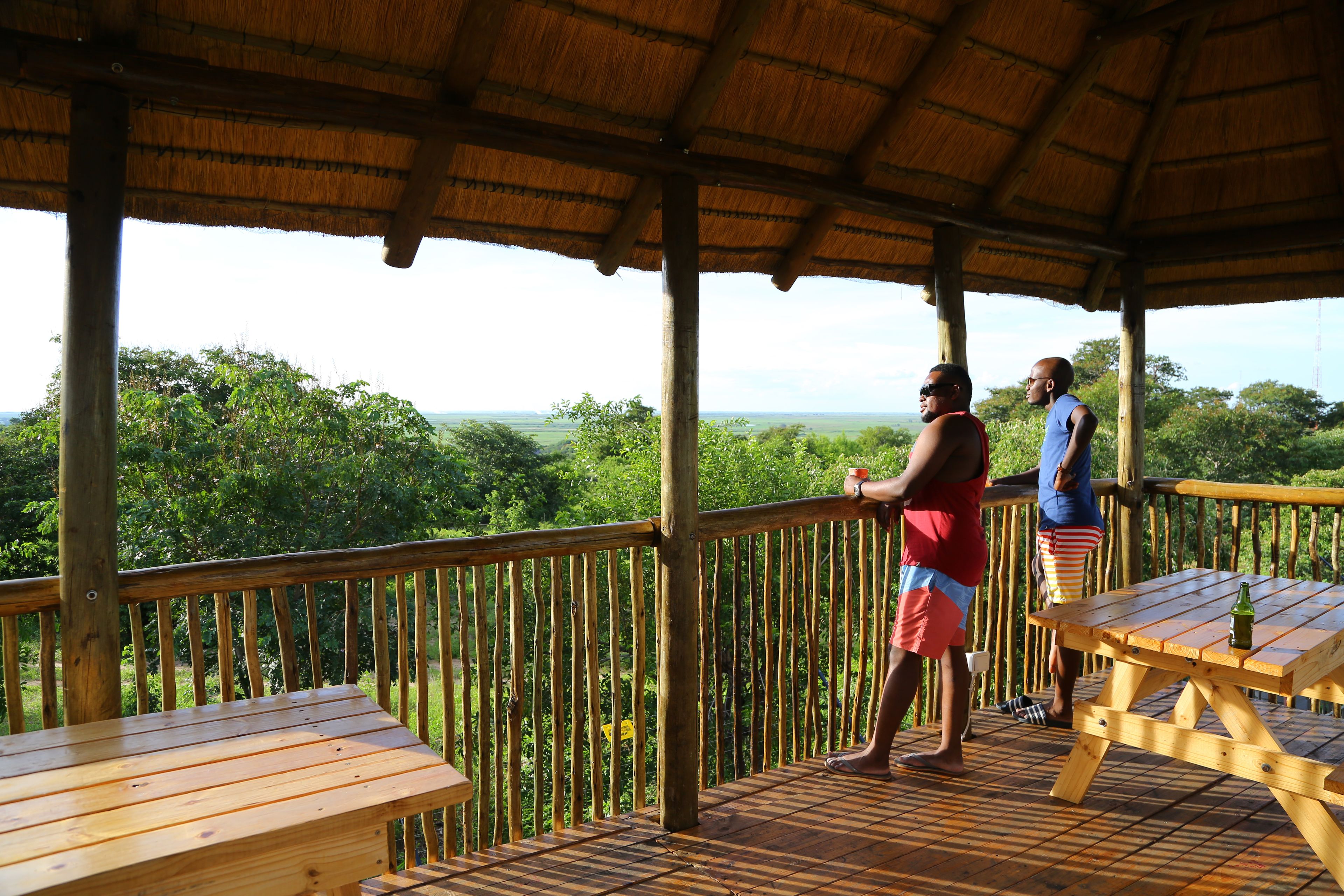 A wooden deck with a thatched roof, overlooking a lush landscape.