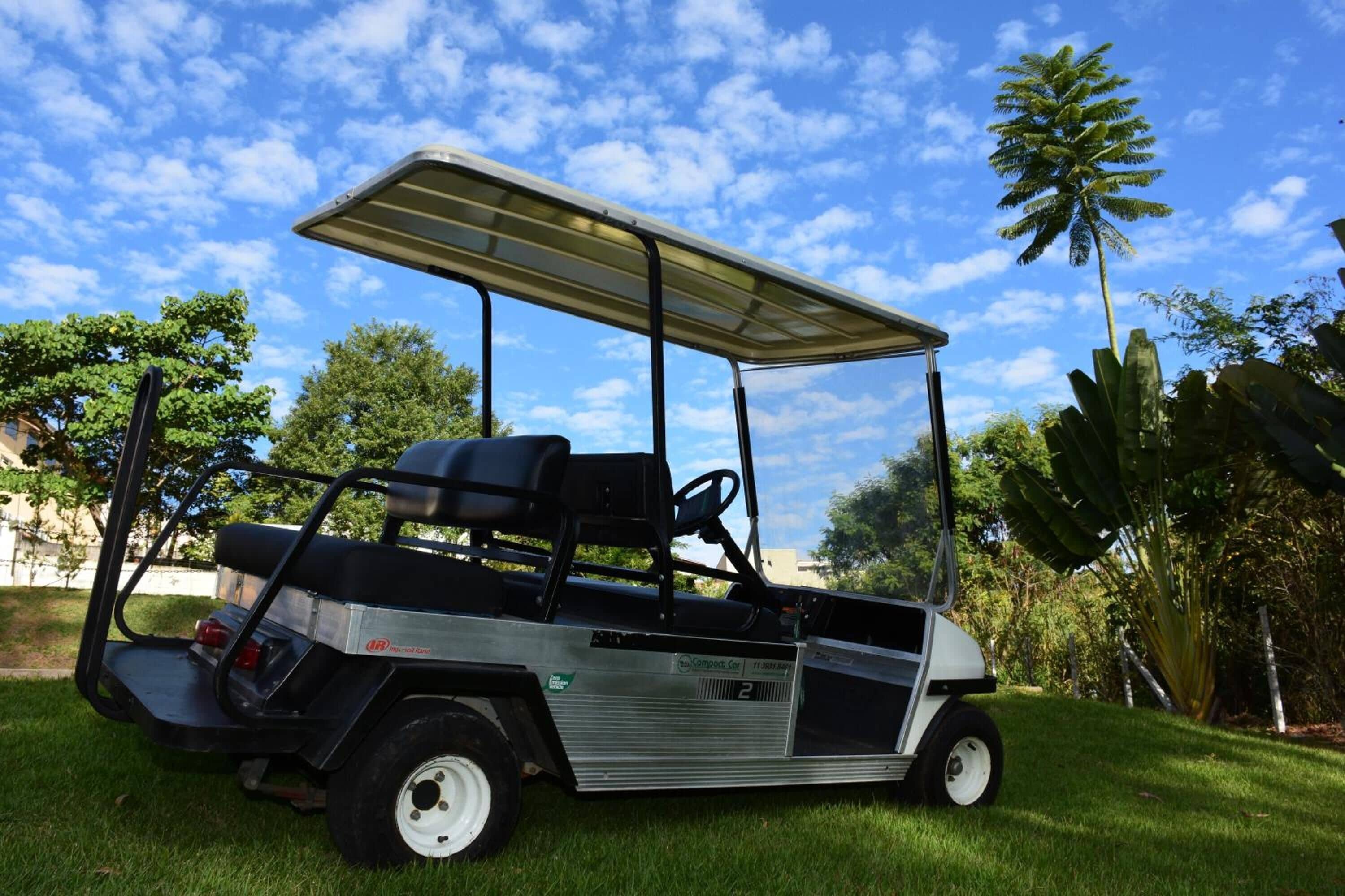 A golf cart parked on a grassy area with a clear sky and trees in the background.