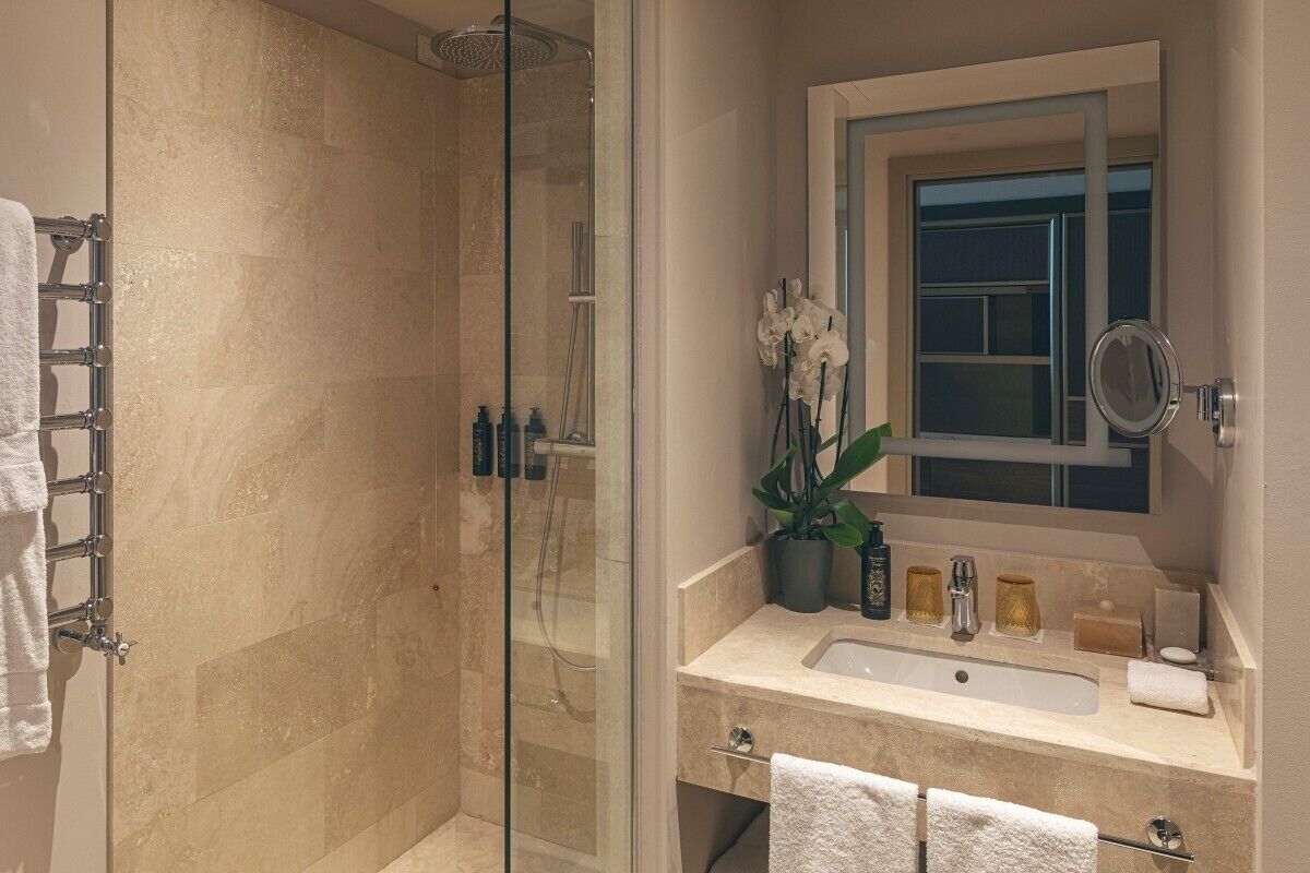 A modern bathroom with a glass-enclosed shower, a sink with a mirror, and a potted orchid.