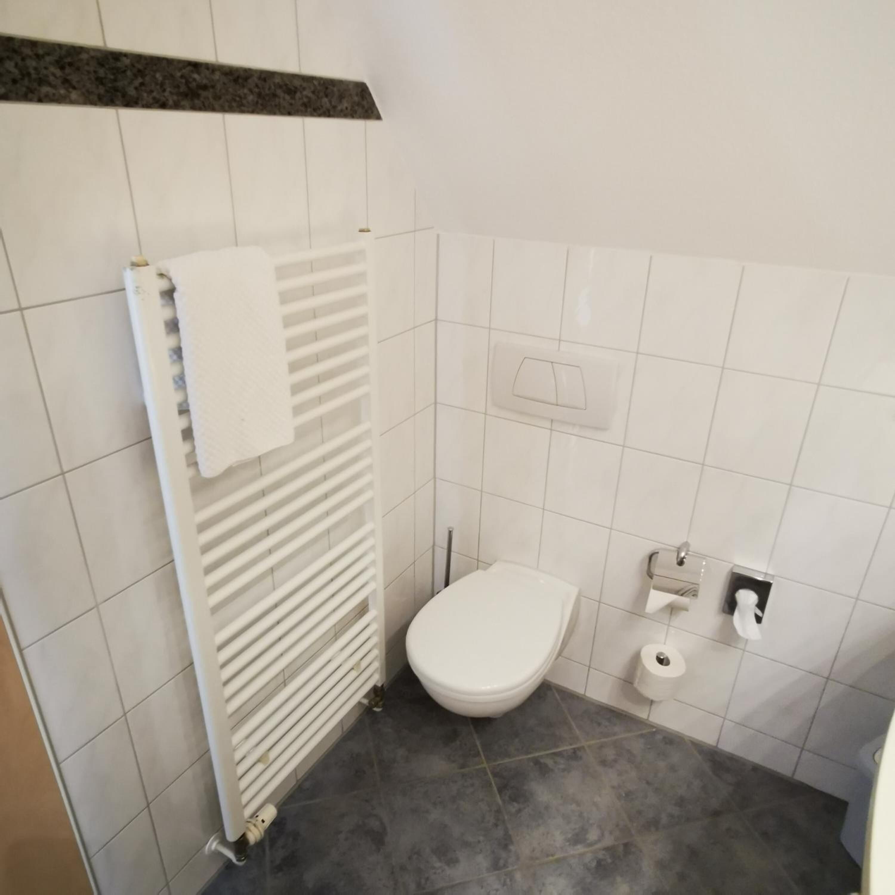 A small, clean bathroom with a white toilet, a towel rack, and a paper towel dispenser.