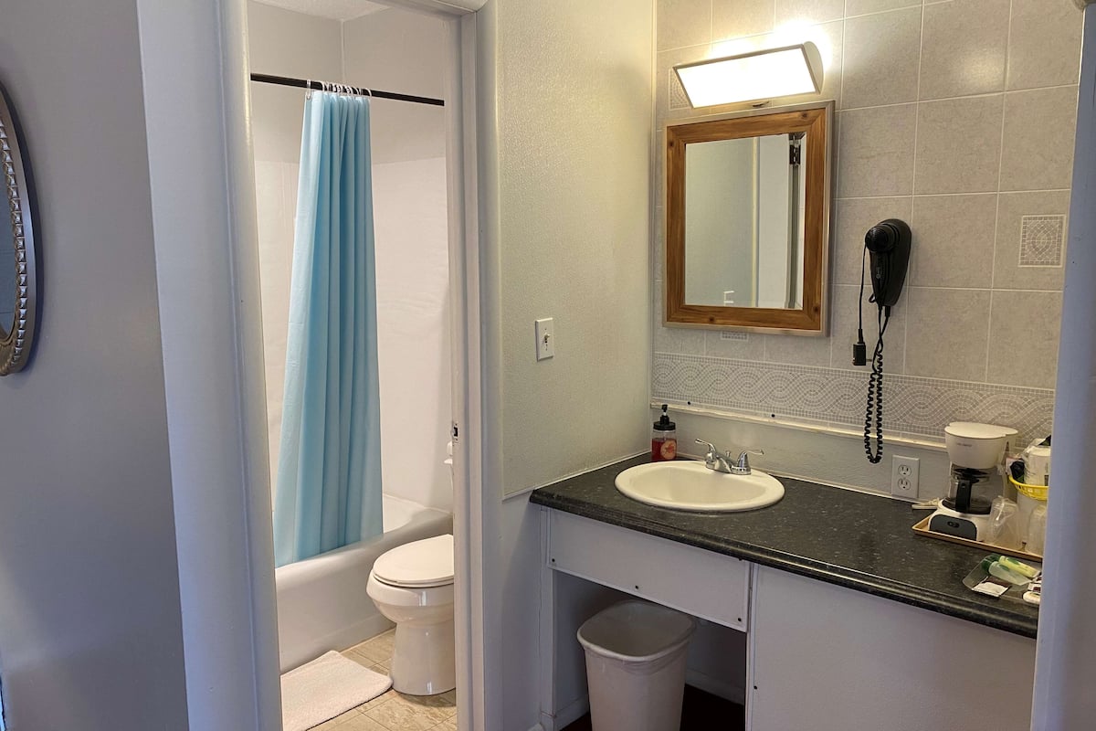 room, 1 king bed | bathroom | combined shower/bathtub, deep-soaking bathtub, free toiletries, towels