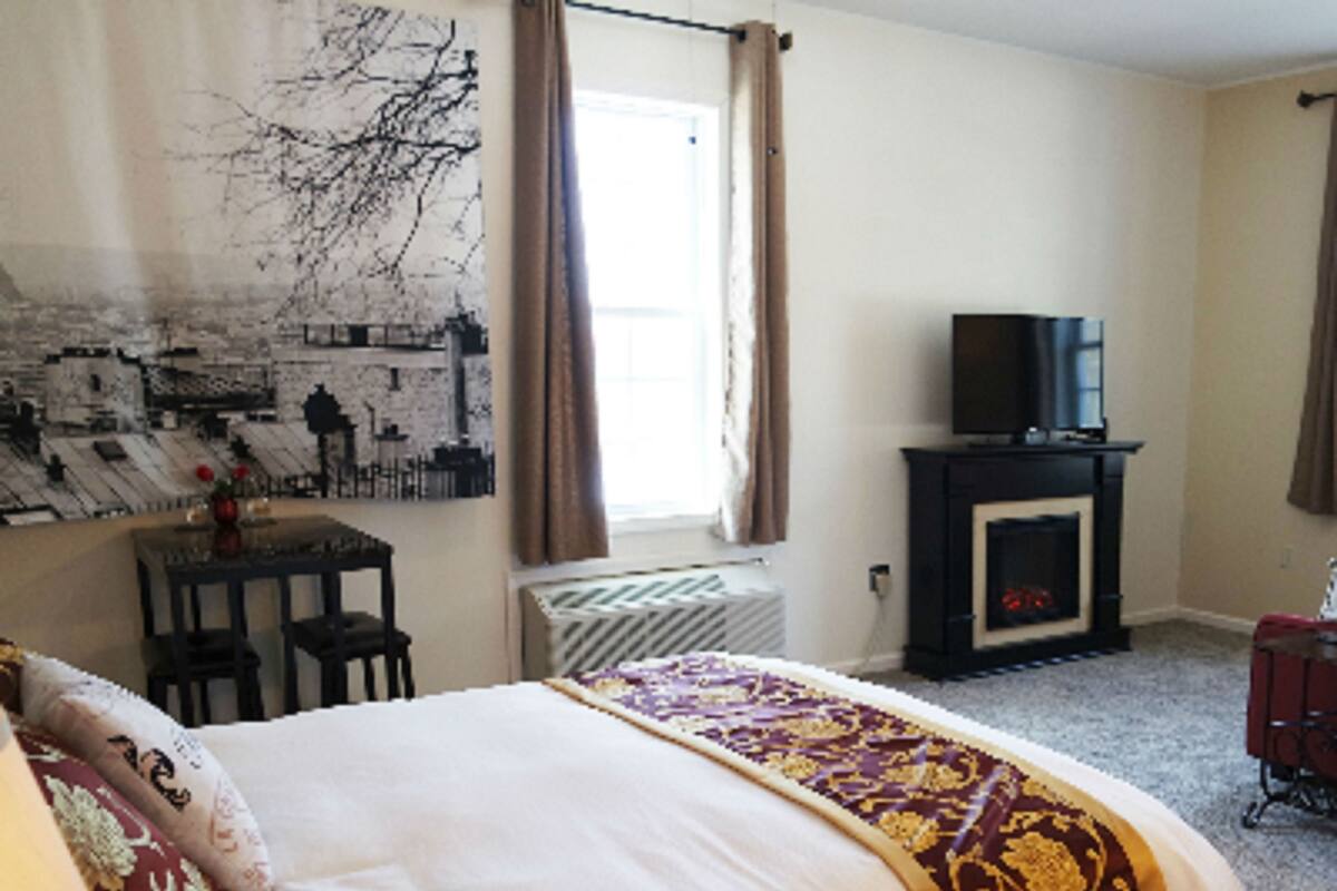 Une chambre à coucher avec un lit, un téléviseur posé sur un meuble, une cheminée et une fenêtre avec des rideaux.