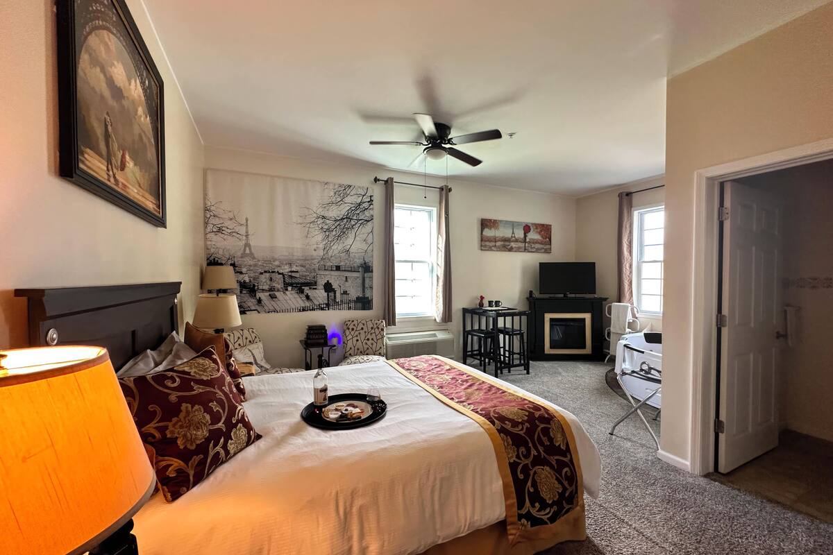 Une chambre d’hôtel avec un lit, un bureau, une télévision, une cheminée et une porte.