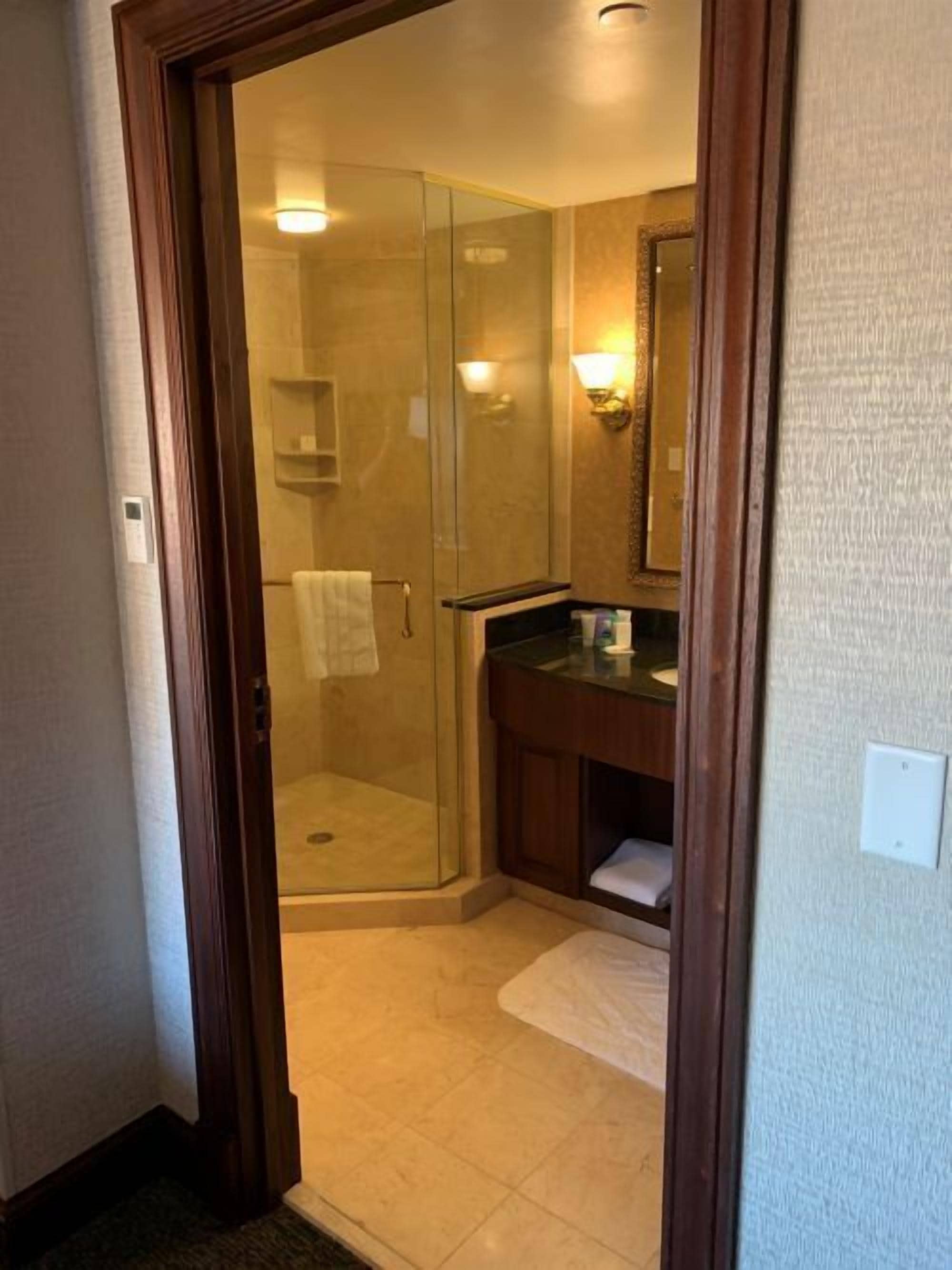 shower, designer toiletries, hair dryer, bathrobes