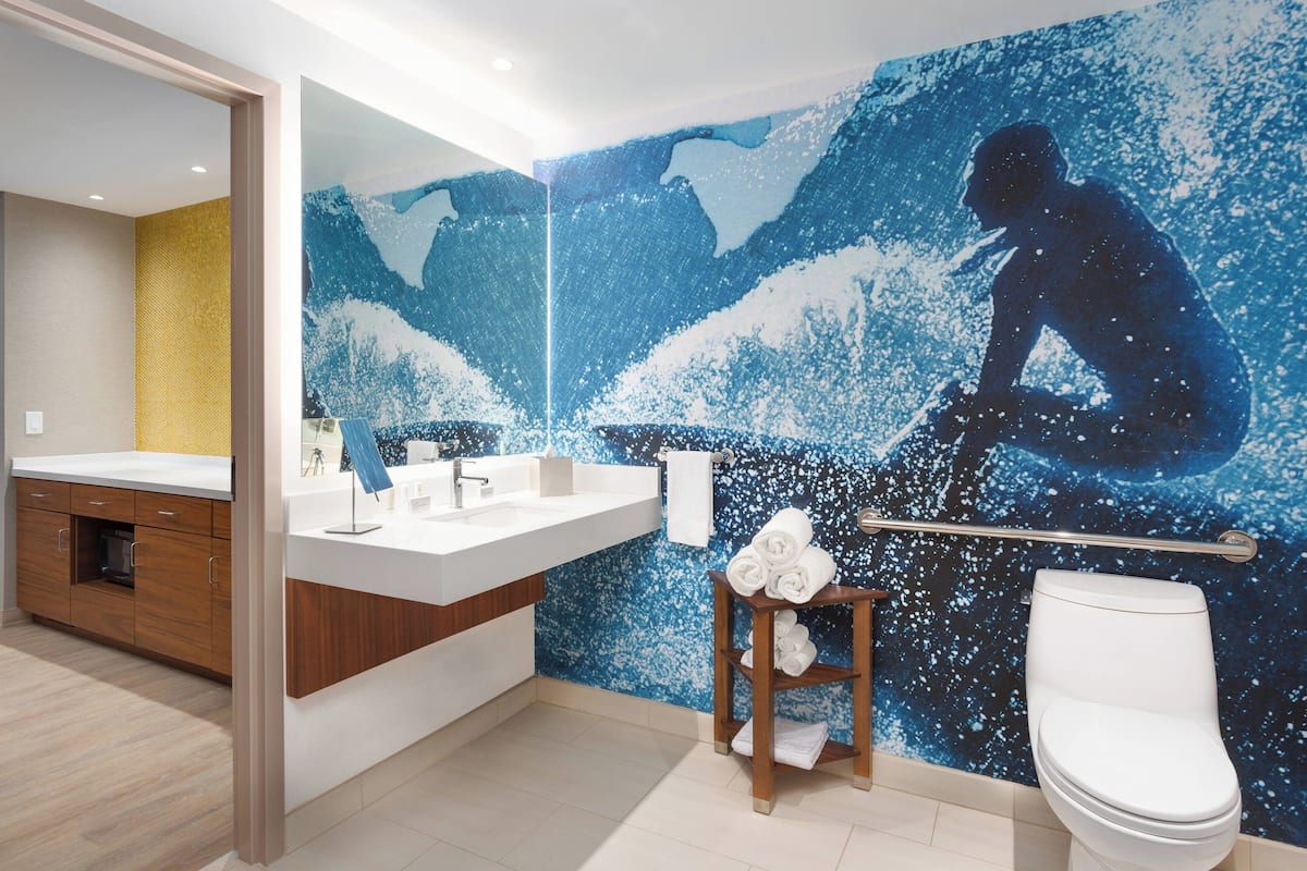 combined shower/bathtub, free toiletries, hair dryer, towels