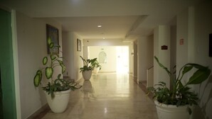 Un pasillo con plantas en macetas, un cuadro en la pared y una puerta al final.