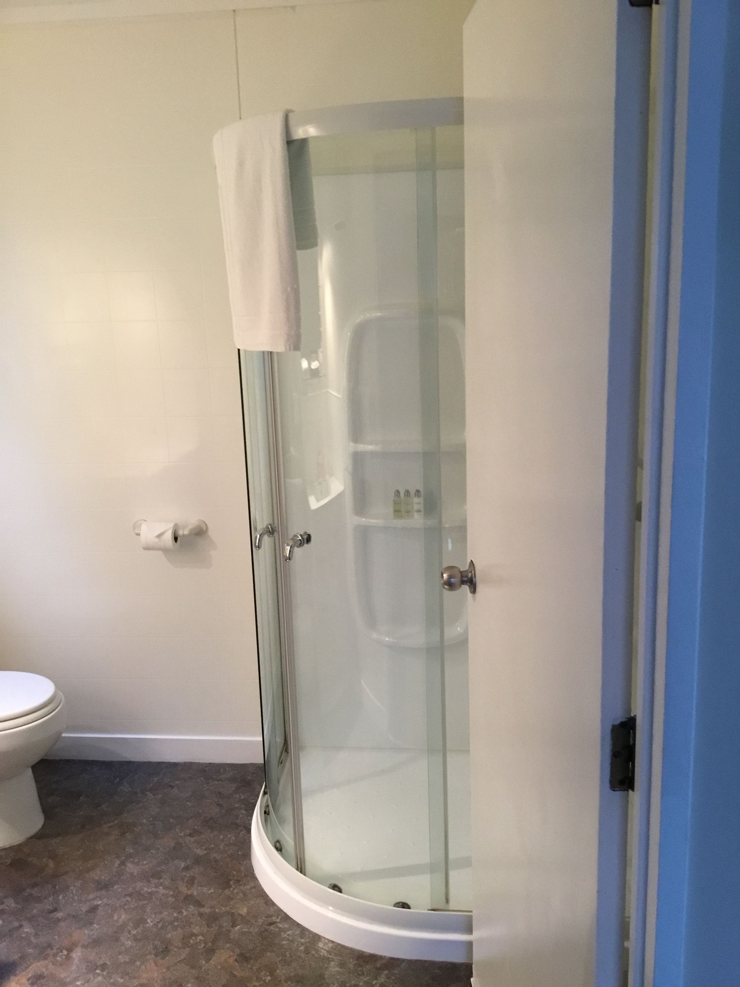 Une douche fermée par des parois en verre, avec une serviette blanche accrochée à la porte, des toilettes et un porte-rouleau de papier toilette fixé au mur.