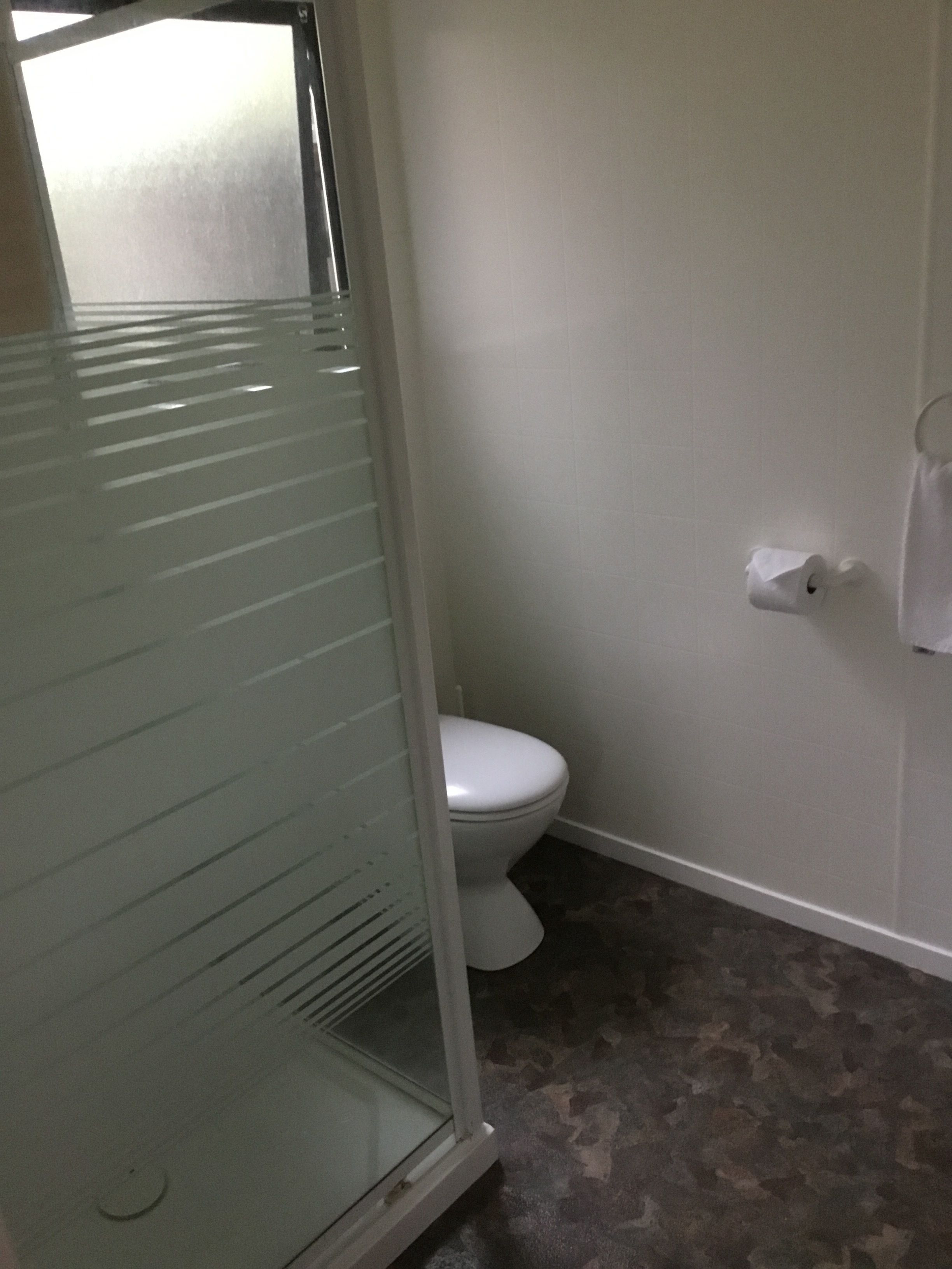 Een badkamer met een toilet, een papieren handdoekdispenser en een douchecabine met glazen wanden.