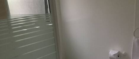 A bathroom with a toilet, a paper towel dispenser, and a glass shower enclosure.