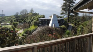 A residential area with a prominent white house featuring a unique conical roof, surrounded by lush greenery and a winding road. - Waitomo Caves Guest Lodge (Waitomo Caves)