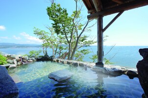 Una piscina cristalina con rocas, rodeada de árboles y una estructura de madera, con vistas a un cuerpo de agua.