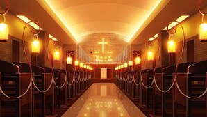 A church interior with pews arranged in rows, a central aisle, and a cross at the front. - Hotel Green Tower Makuhari (Chiba)