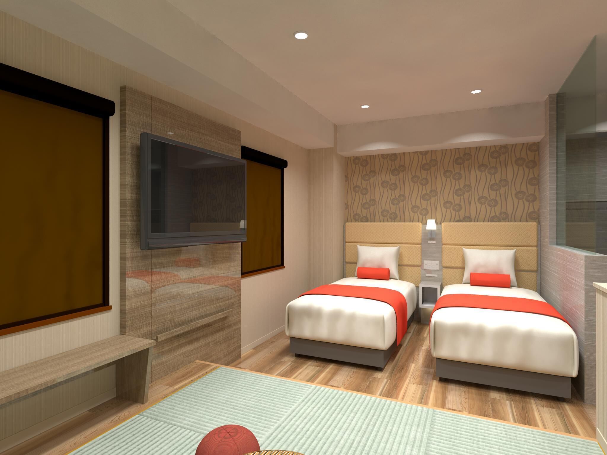 A hotel room with two beds, a bench, a TV, and a patterned wall.