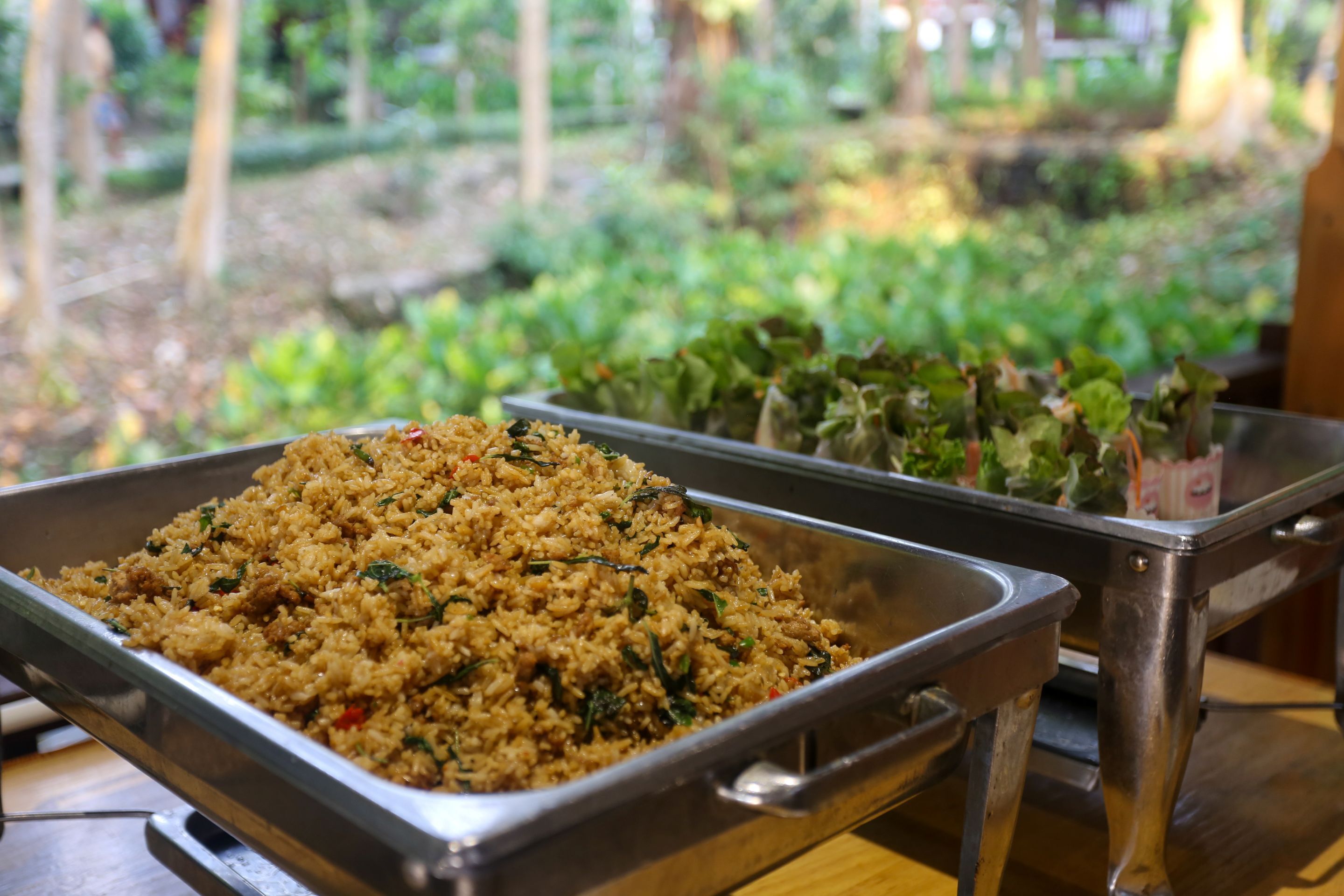 Un buffet proposant une variété de plats, notamment du riz frit et une salade, le tout présenté sur un fond de verdure.