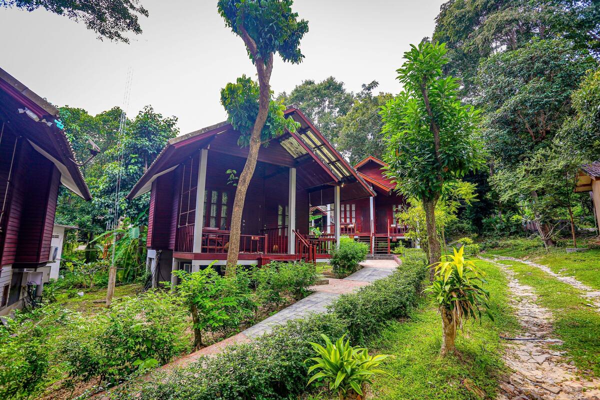A traditional wooden house with a porch, surrounded by lush greenery and a stone pathway.