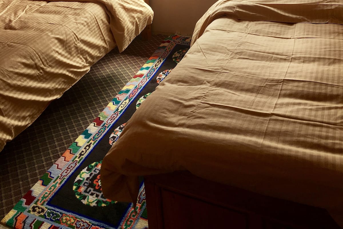 Ein Zimmer mit zwei Betten, einem fensterbelaubten Fenster, einer Steckdose und einem gemusterten Teppich.