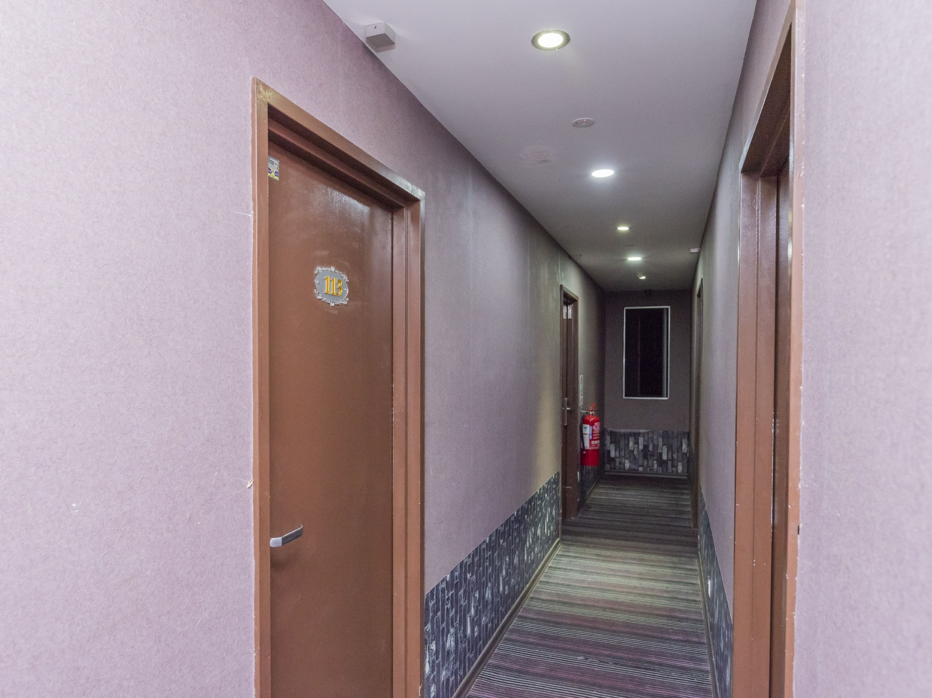 A hallway with doors, a fire extinguisher, and a patterned floor.