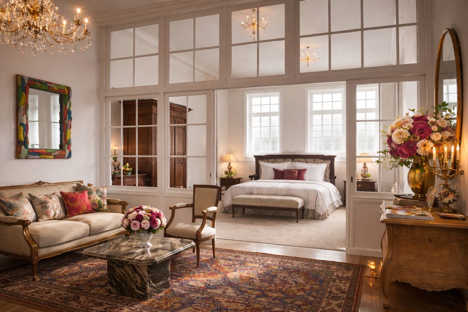 Un dormitorio amplio con una cama grande, una zona de estar con sofá y sillón, una mesa de centro y un ventanal con múltiples vidrios.