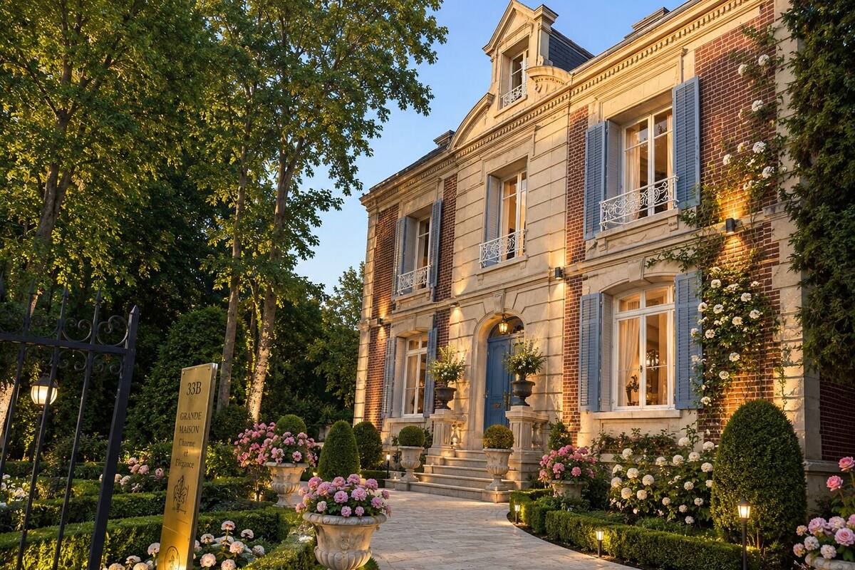 A grand mansion with a formal entrance, a well-maintained garden, and a gated driveway.