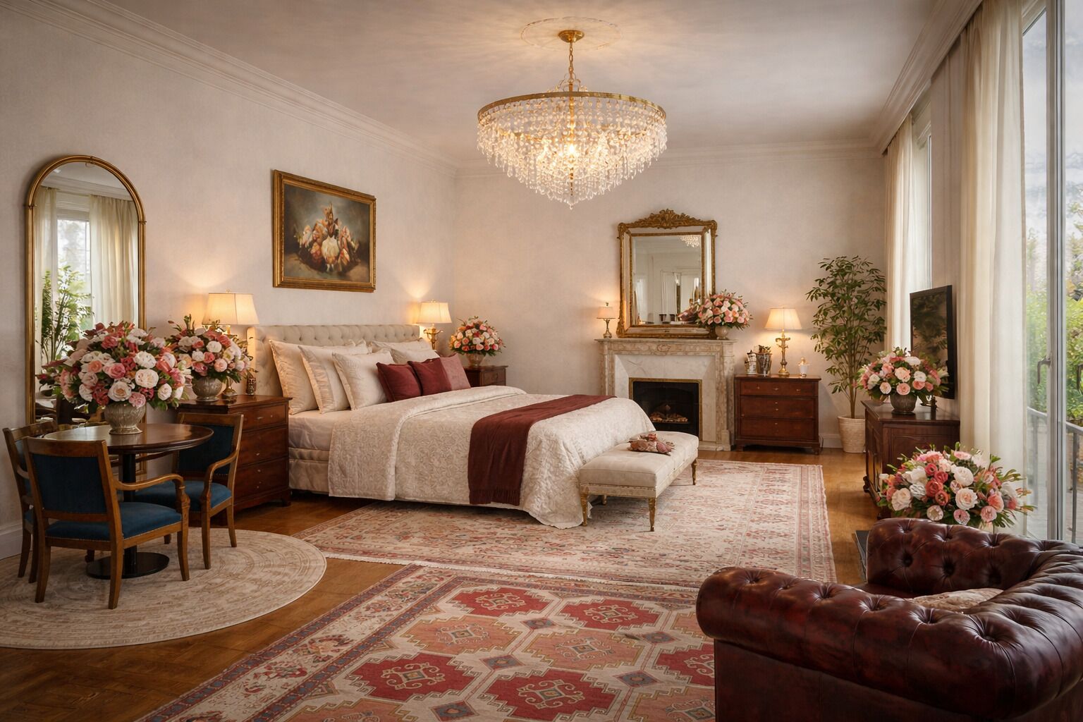 A bedroom with a large bed, a chandelier, a fireplace, and a view of the outdoors.