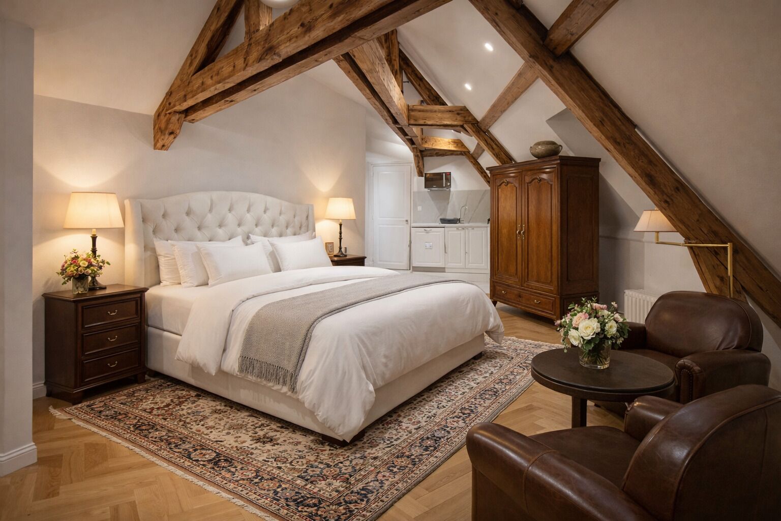 A bedroom with a large bed, wooden beams, a nightstand with a lamp, a dresser, and a small table with flowers.