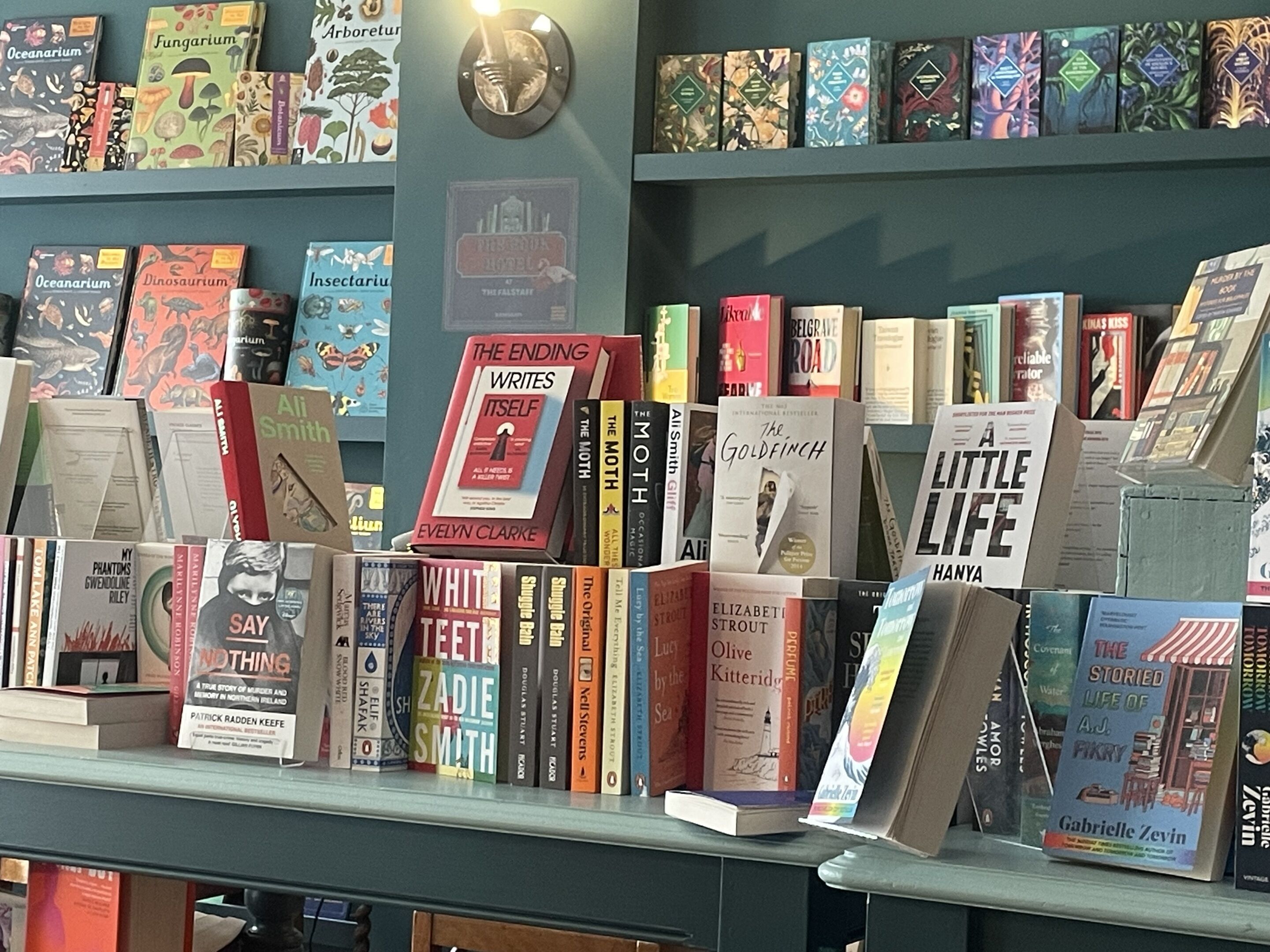 Una estantería con una variedad de libros, incluyendo títulos como 'The Goldfinch' y 'The Endings Writes Itself'.