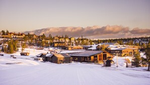 Pueblo cubierto de nieve con varios edificios, incluyendo una estructura de madera destacada con un amplio porche.